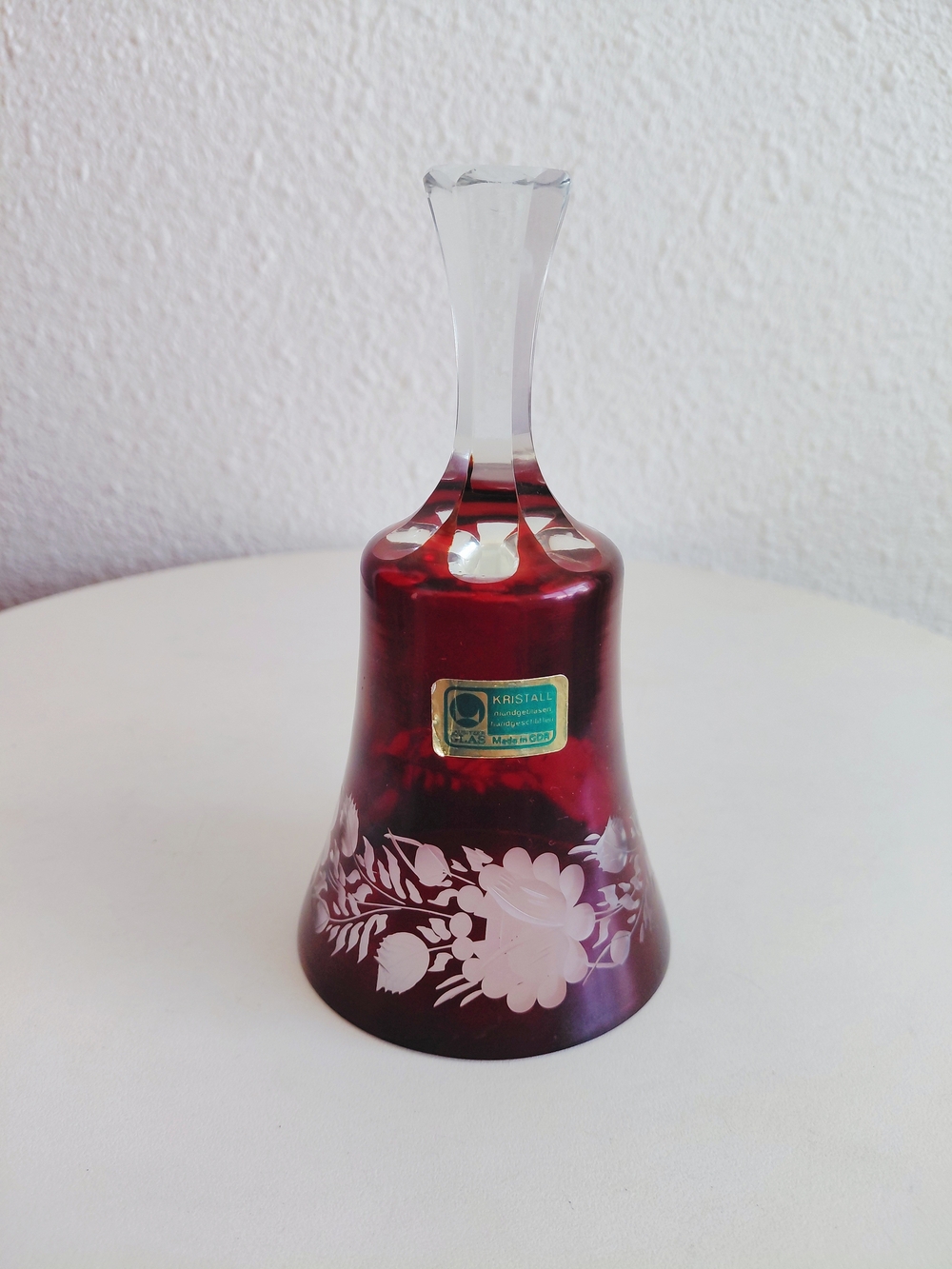 Made In GDR  Hand Cut Lead Crystal Red & Clear Glass Bell Missing Bell Ball The